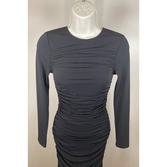 Alice + Olivia Katherina Long Sleeve Ruched Fringe Black Midi Dress Size 0 - Picture 6 of 10